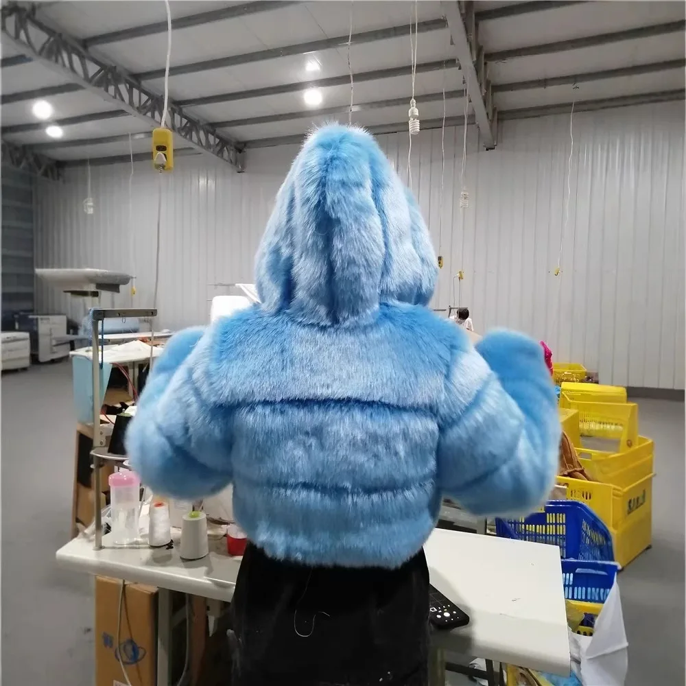 Faux Fur Short Jacket With A Hood, Long Sleeves, And A Patchwork Design; S.s.124; Haining§124; Women's Fur Jacket Midi