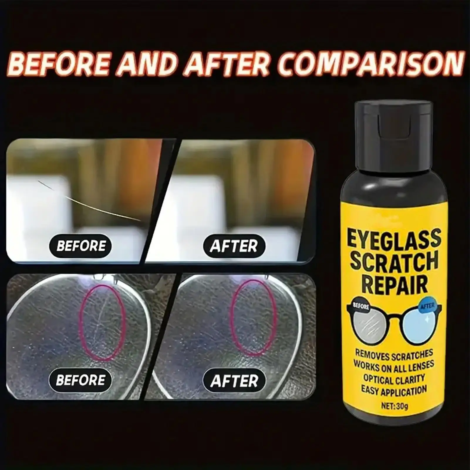 30ml Glass Scratch Remover Anti Fog Sunglasses Cleaner Glasses Polishing Scratch Remover for Camera Mirror Windshield Window