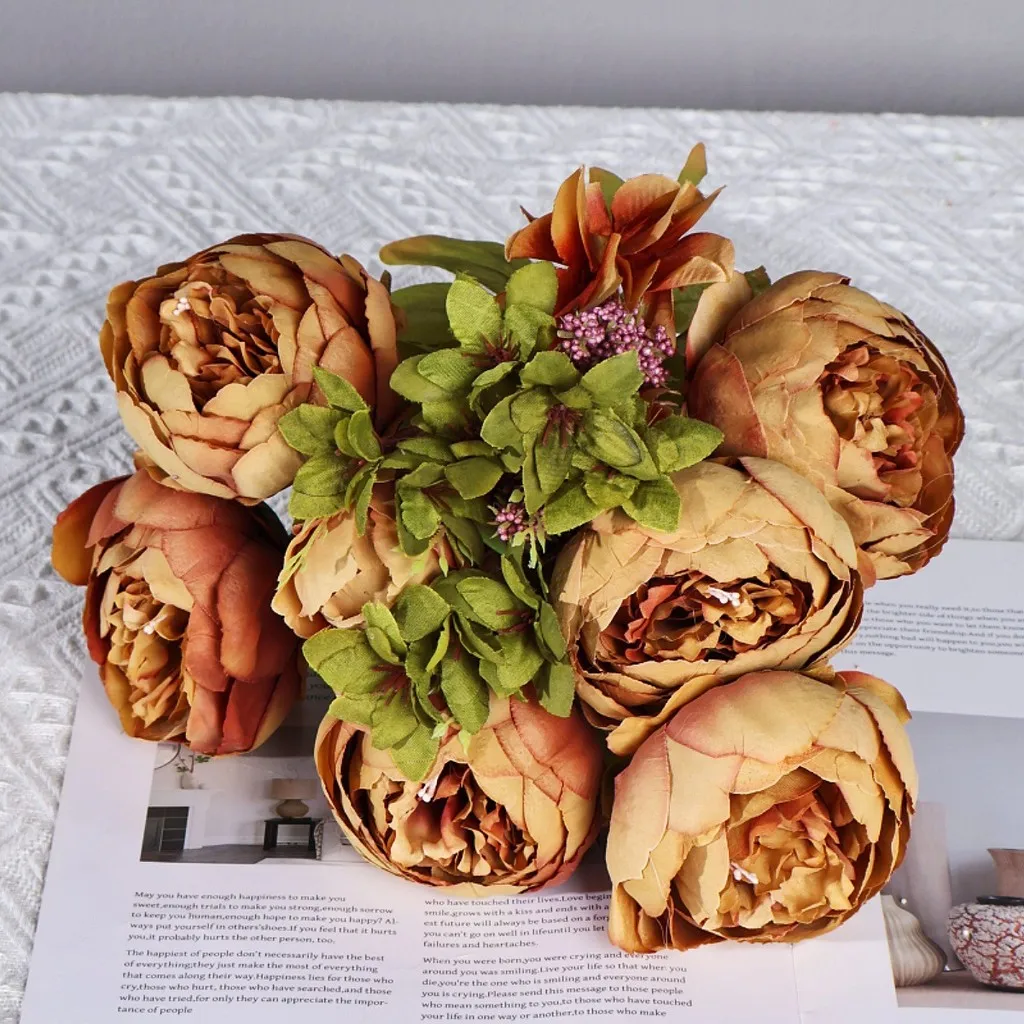 زهور الفاوانيا الاصطناعية ذات 13 رأسًا على الطراز الأوروبي - أزهار حريرية واقعية للديكور المنزلي، قطع تحف الزفاف #6