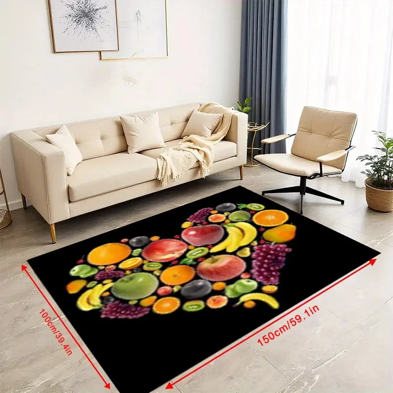 2D Flat Heart Shaped Fruit Salad Apple Banana Grape Flannel Door Mat Non Slip Healthy Food Rug For Kitchen Entryway Floor Decor