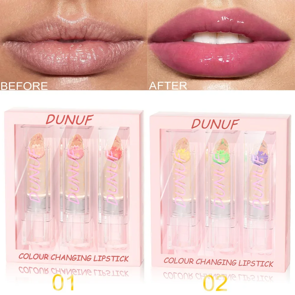 DUNUF, 3 paquetes de flores secas, lápiz labial que cambia de Color, brillo de labios, humectante, maquillaje de temperatura de cristal, bálsamo labial transparente