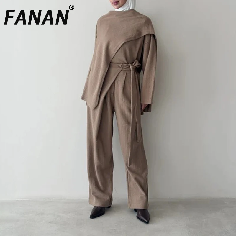 FANAN Office Lady Set da 2 pezzi Pullover a maniche lunghe irregolari da donna Top + Cintura a vita alta Pantaloni a vita raccolta 2025 Autunno Nuovo