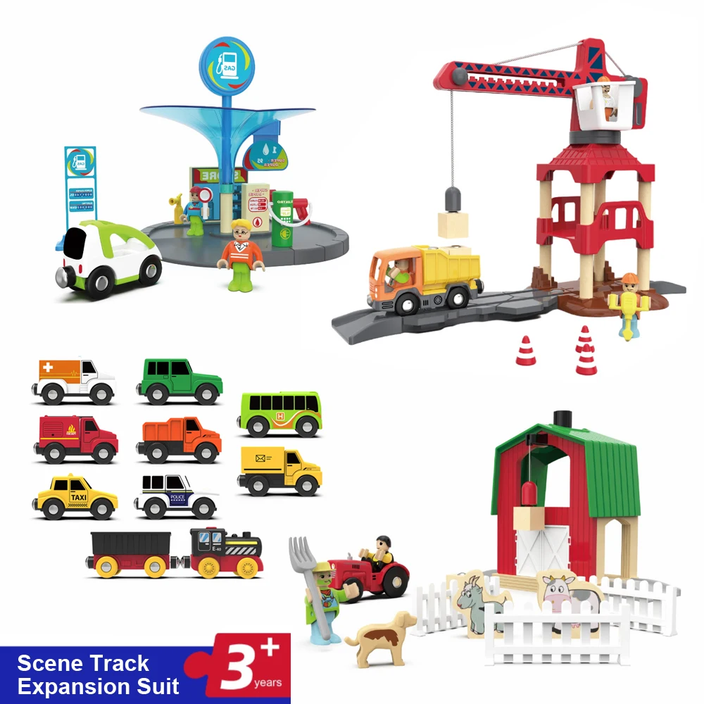Traje de expansión de pista de escena de grúa torre/fazenda/estación de Gas, juguete de rompecabezas de montaje de pista de coche de escena de simulación DIY para niños