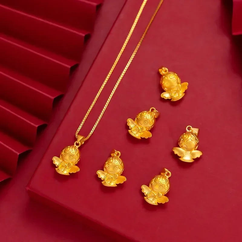 

9999 Real Gold 24K Women's Japan and Korea Fashion 3D Hard Gold Angel Necklace Angel Pendant Collarbone Chain