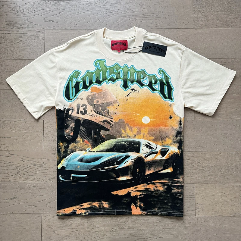 Vintage Clothing Retro GODSPEED T-shirt High Street Men Shirts Casual Short Sleeve Oversized Cotton Men Summer T Shirt