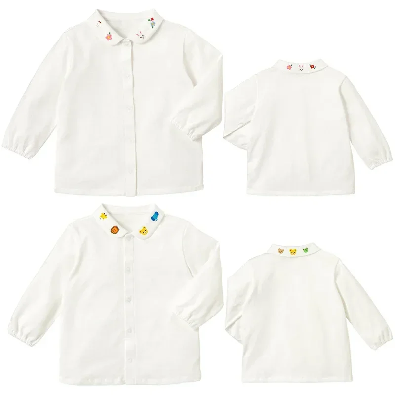 Japanese Children\'s Clothing Spring And Autumn Boys And Girls Flowers Bear Embroidery Lapels Long Sleeves White Shirt Underneath