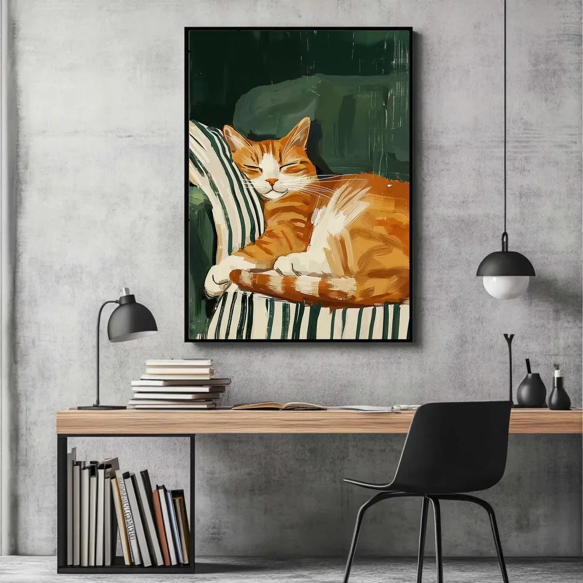 Sleeping Cat Large Wall Art, Contemporary Art, Minimalist Print, Living Room Dark Green Decor, Stripe Kitten Printable, Digital