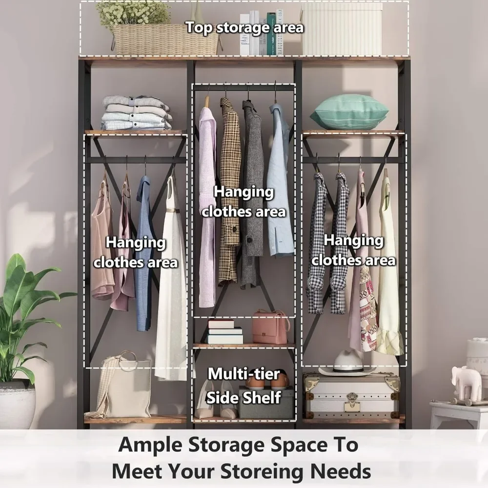 Freestanding Closet Organizer, Industrial 3 Rod Garment Rack with 4-Tier Storage Shelf, Rustic Wardrobe Rack Clothes Rack