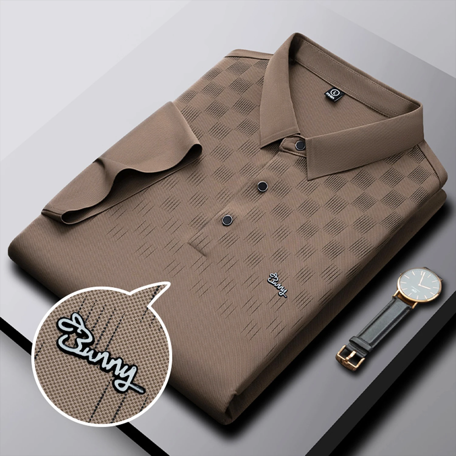 New Ice Silk Breathable Elasticity Jacquard Polo Shirts 2023 Summer Trend Lapel T-shirt Korea Fashion Men Clothing Short-sleeved