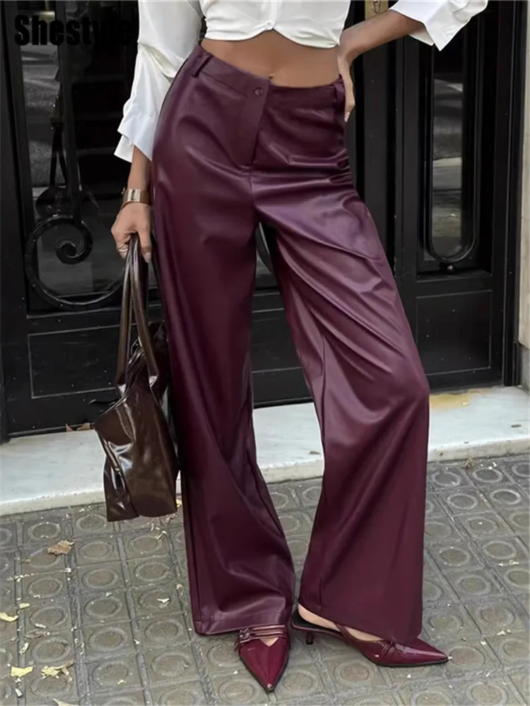 

Shestyle Red Wine Straight Pants Women High Waist Zipper Fly PU Leather Elegant Slim Trousers Office Lady Workwear Claret