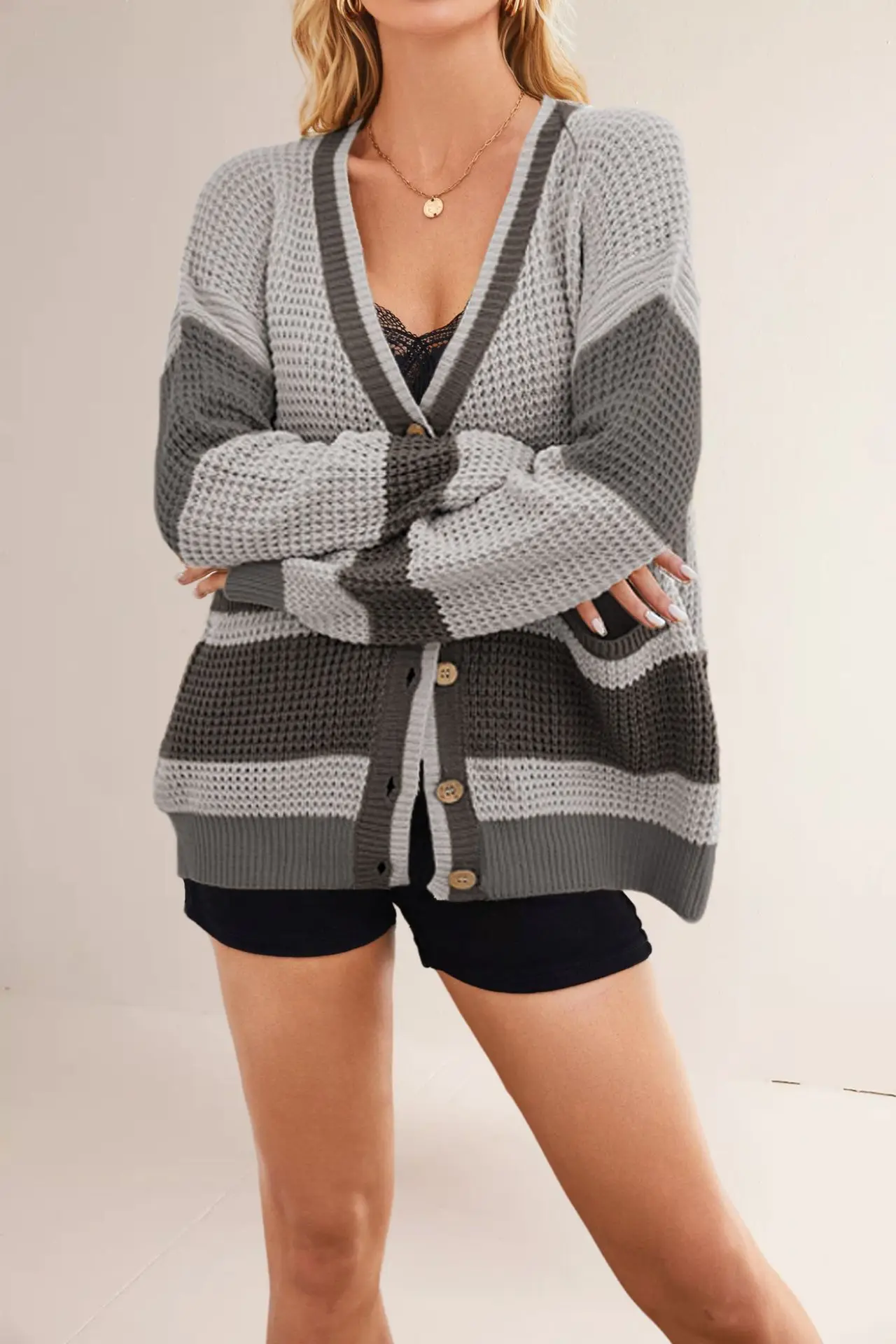 

New Autumn-winter V-neck Oversized Striped Cardigan Sweater with Pockets