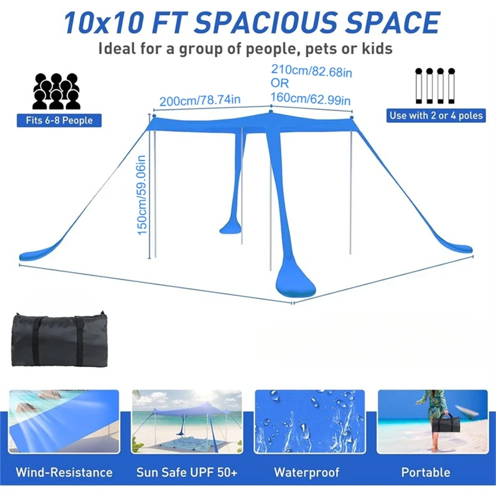 Beach Tent Sun Shelter with UPF 50+ UV Protection,Beach Canopy Sun Shade with Sandbags,Poles and Ground Pegs and Anti-Wind Ropes