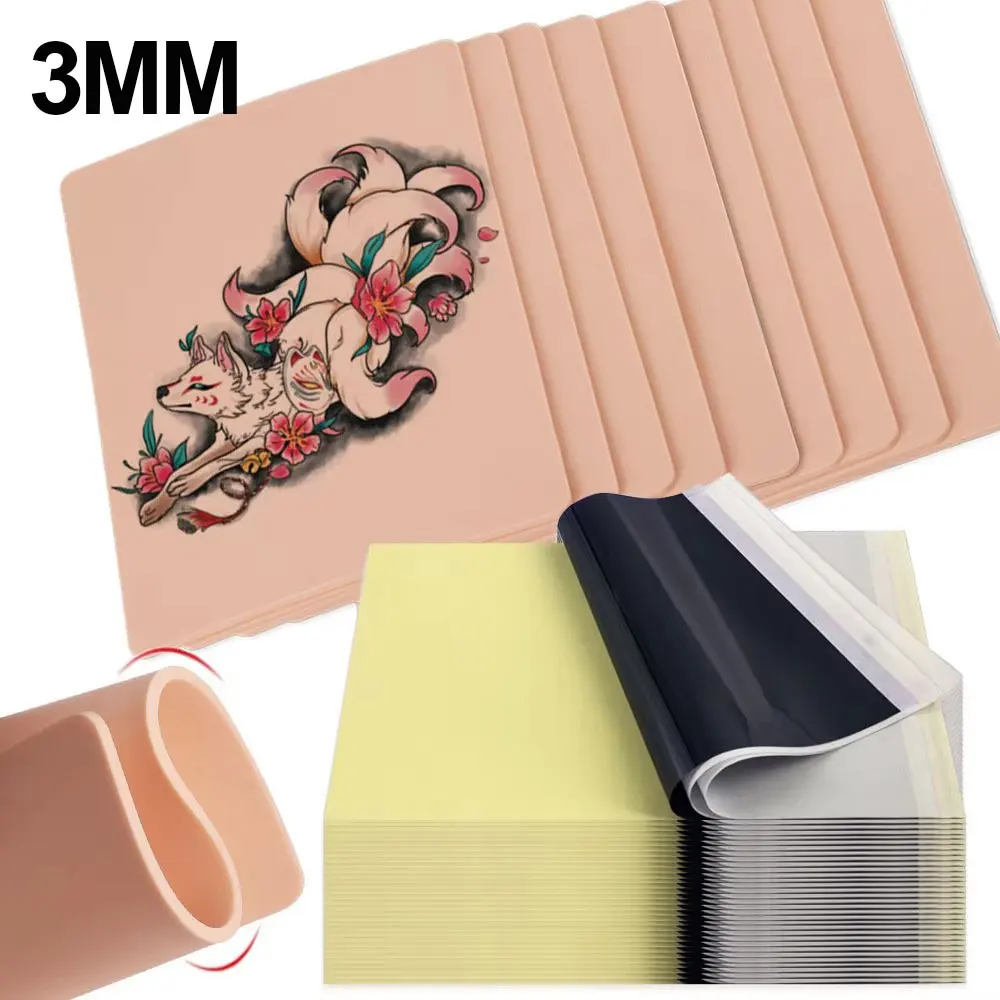 

3mm Tattoo Practice Skin and Transfer Paper Kit with Double Sided Tattoo Skin and Transfer Paper Permanent Makeup for Artists
