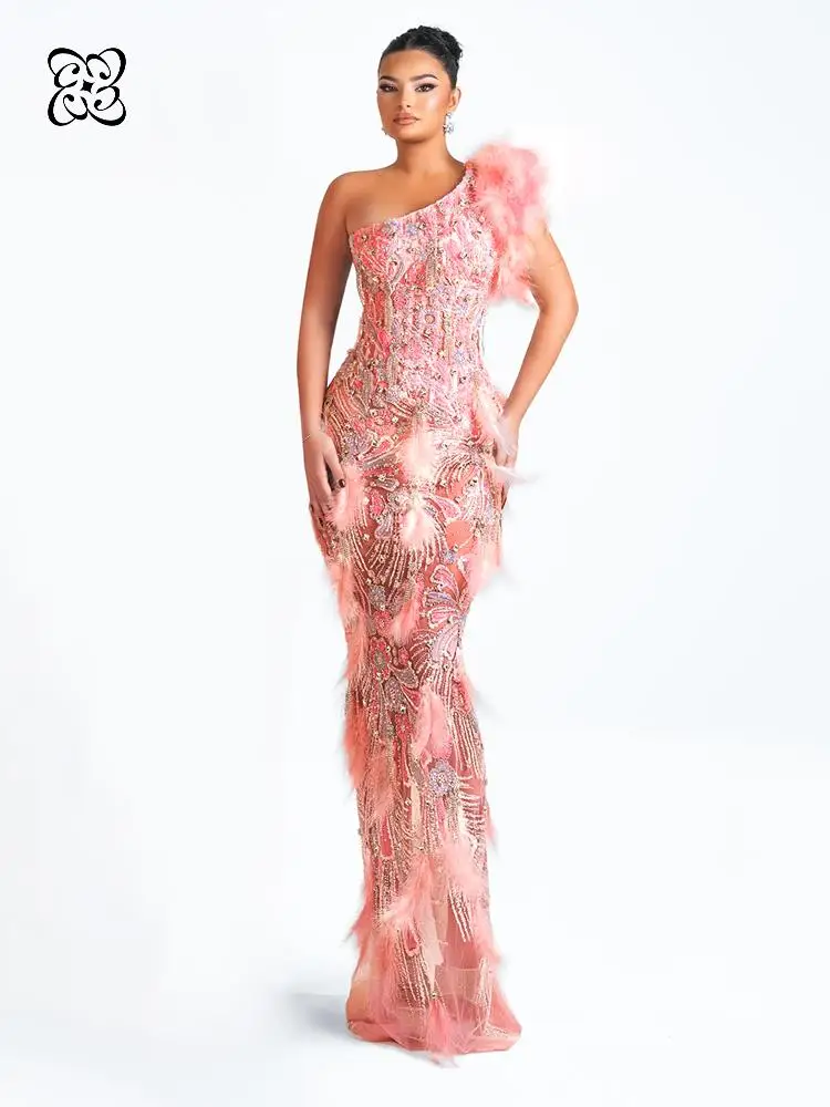 Pink One Shoulder Feather Tulle Mermaid Maxi Dress Beaded Rhinestone Sheer Mesh Formal Gown Celebrity Prom Dress Party Dress