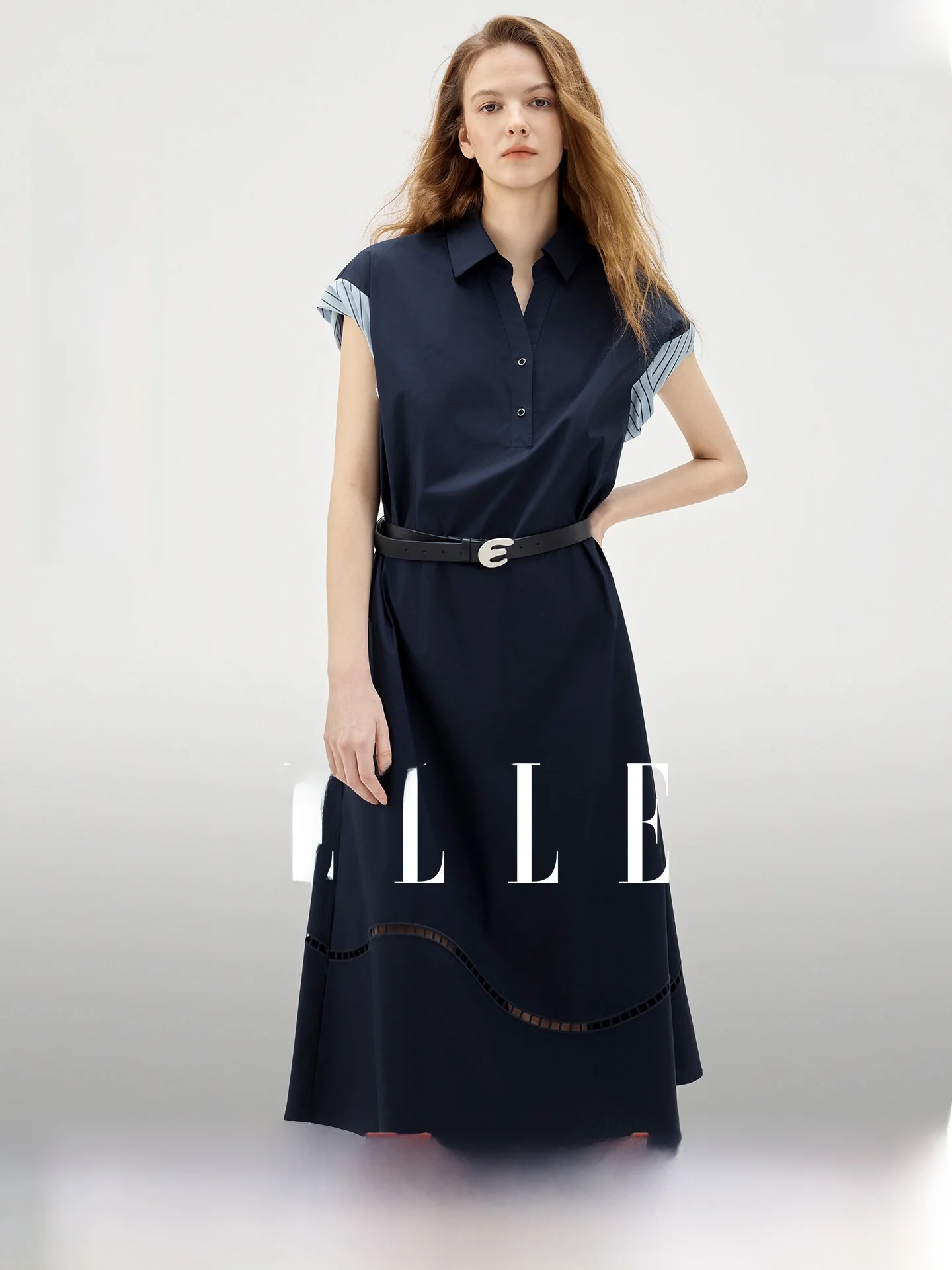 

ELLE Design Sensation Women's Long Dress Commute Shirt Dress Summer New Style Blue Hollow out Waist Cinched Cotton Blend