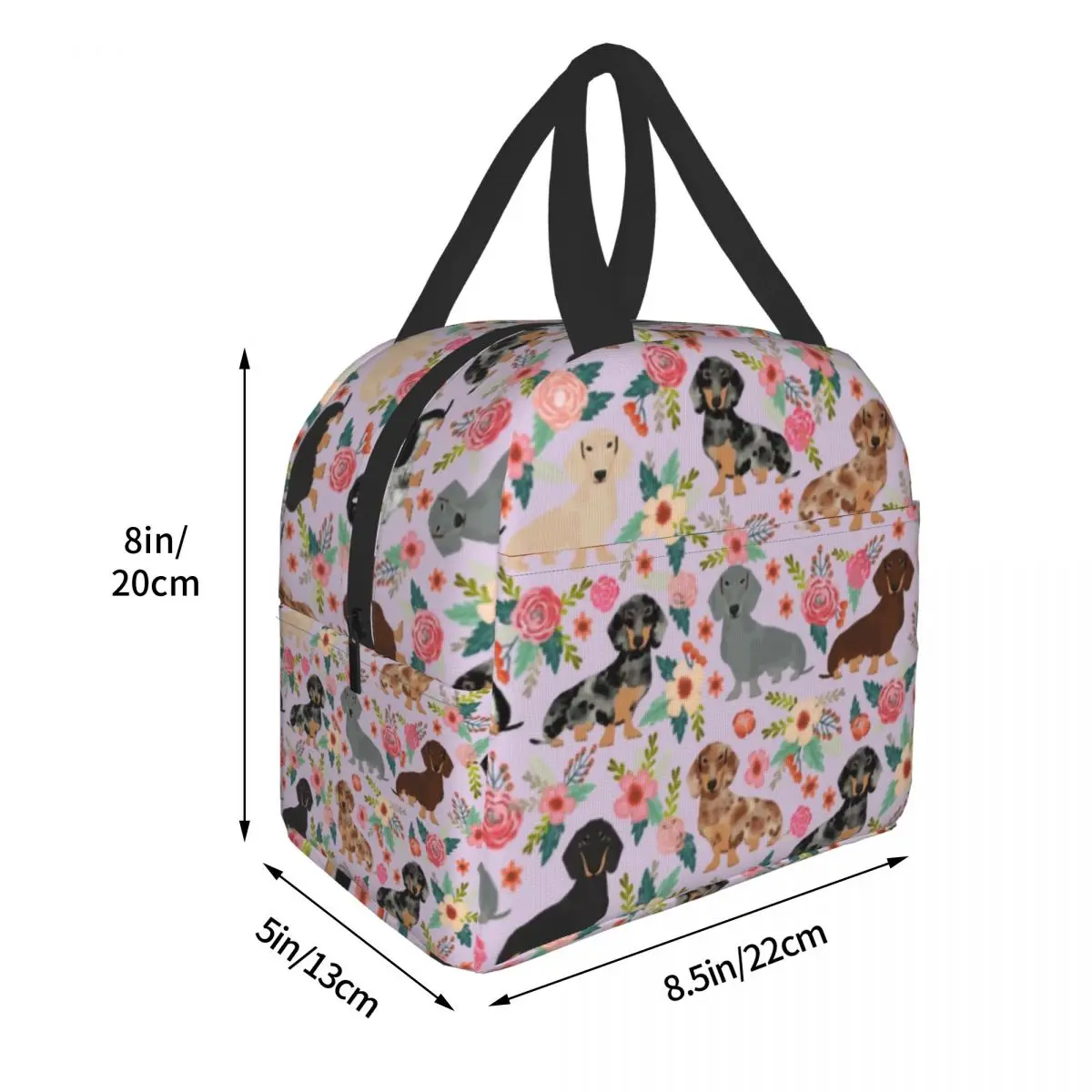 Dachshund Flowers Insulated Lunch Bag Picnic Travel Wiener Sausage Dog Portable Thermal Cooler Bento Box Kids School Lunch Bags