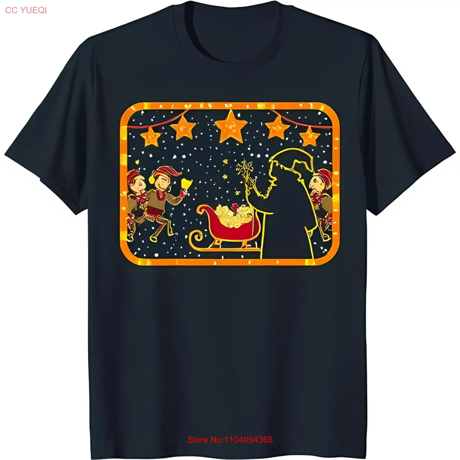 Camiseta negra festiva con ropa navideña con gráfico de trineo y elfos de Papá Noel