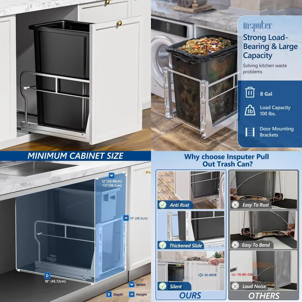 

Heavy-Duty Kitchen and Laundry Under-Cabinet Garbage Can with Soft-Close Slides for Pull-Out Trash Storage