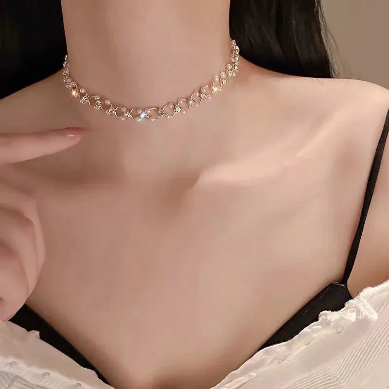 New Beads Women\'s Neck Chain Kpop Pearl Choker Necklace Gold Color Goth Chocker Jewelry On The Neck Pendant 2023 Collar For Girl