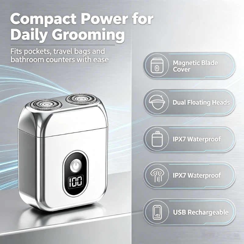 Waterproof Magnetic Mini Electric Razor Portable Dual-Blade Rechargeable Compact Shaver for Men Travel Home Grooming