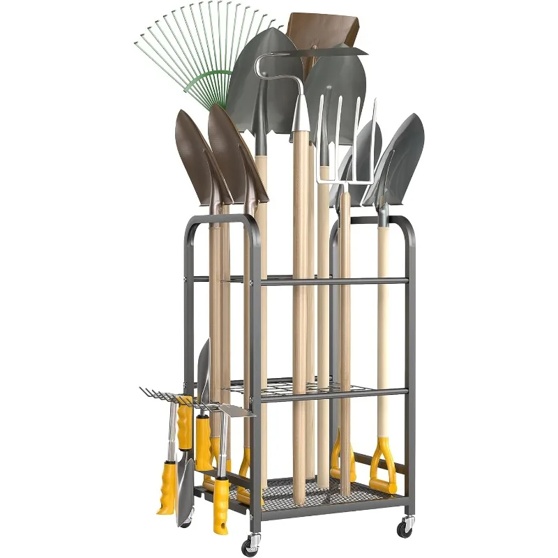 

Garden Tool Organizer Stand, Yard Tool Storage Rack with Lockable Wheels, Garage Tool Storage for Rake, Brooms, Indoor