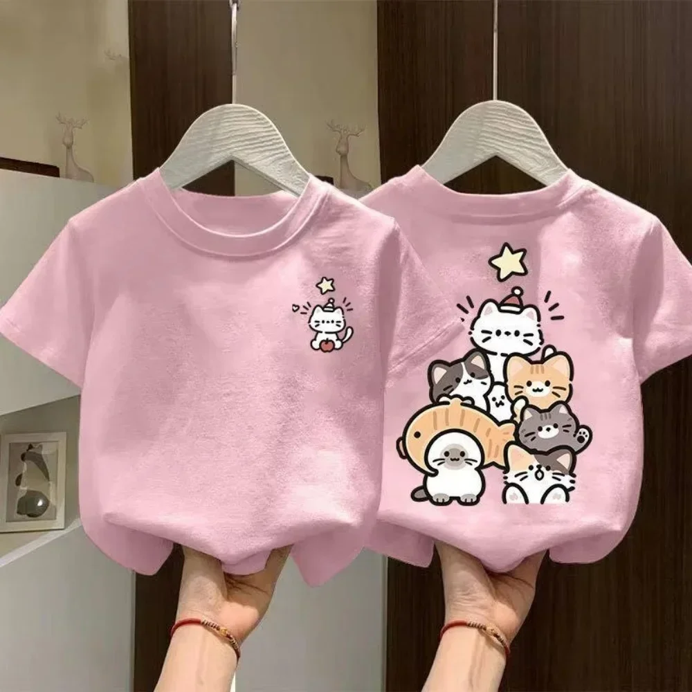 Children Casual Double Sided Print Tee Left Chest Tiny Cute Kitty Back Cat Pile Christmas Tree Star Fish Lovely Pattern Daily T