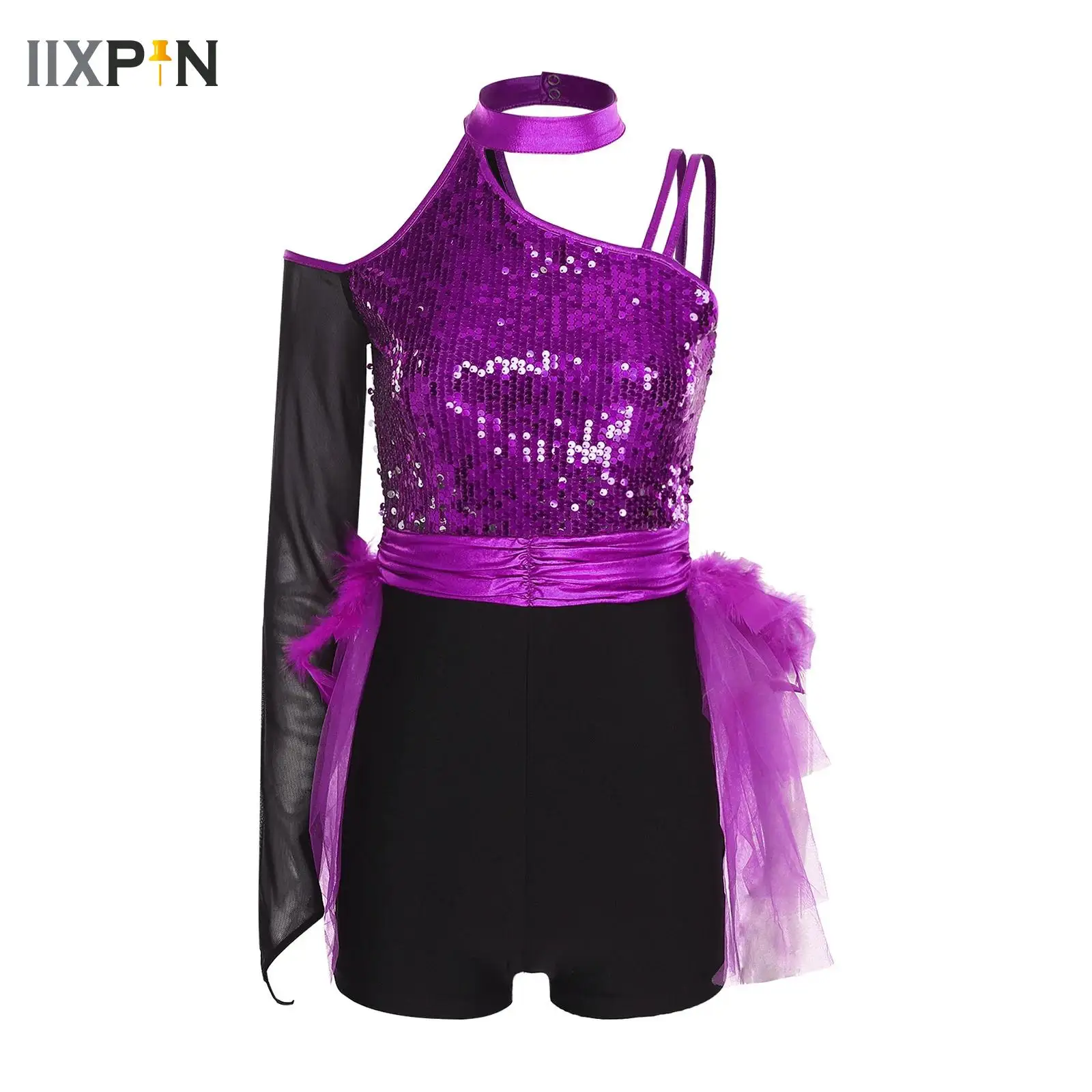 

Womens Jazz Dance Performance Costume Sparkly Sequins Bodice Feather Tulle Skirted Leotard Ruched Waist Asymmetrical Jumpsuit
