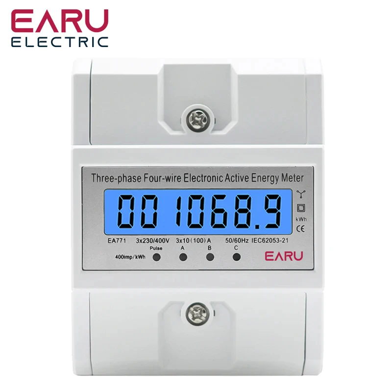 Din Rail 380V 3 Phase 4 Wire Energy Meter Power Consumption Monitor kWh Meter Wattmeter Bivolt 100A AC 50Hz 60Hz LCD Backlight