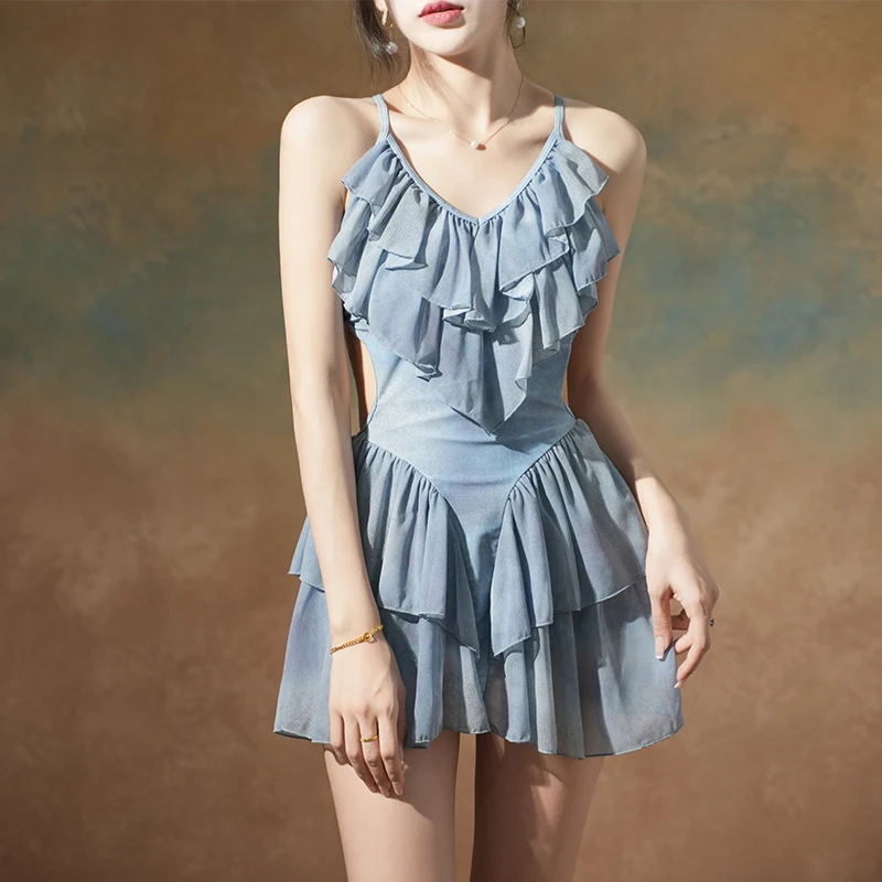 Conservative Sexy Backless 2025 New Ruffle Fairy Swimsuit Female Summer Elegant Sweet Lace-up V-neck Backless Party Swimwear