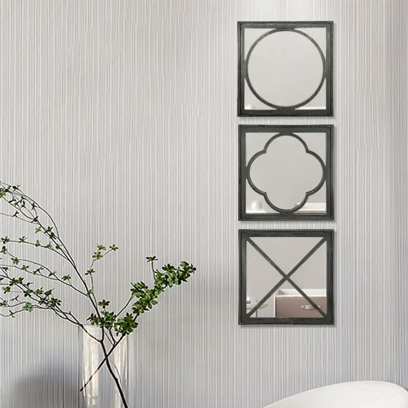 

z 35cm Small Square Retro Wood Home Decor Wall Mirrors Sticker Modern Rustic Farmhouse Entry Mirror Living Room hotel mirror