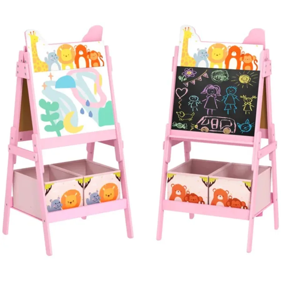 

Doubel-Sided Easel w Whiteboard Chalkboard Storage Boxes Pink