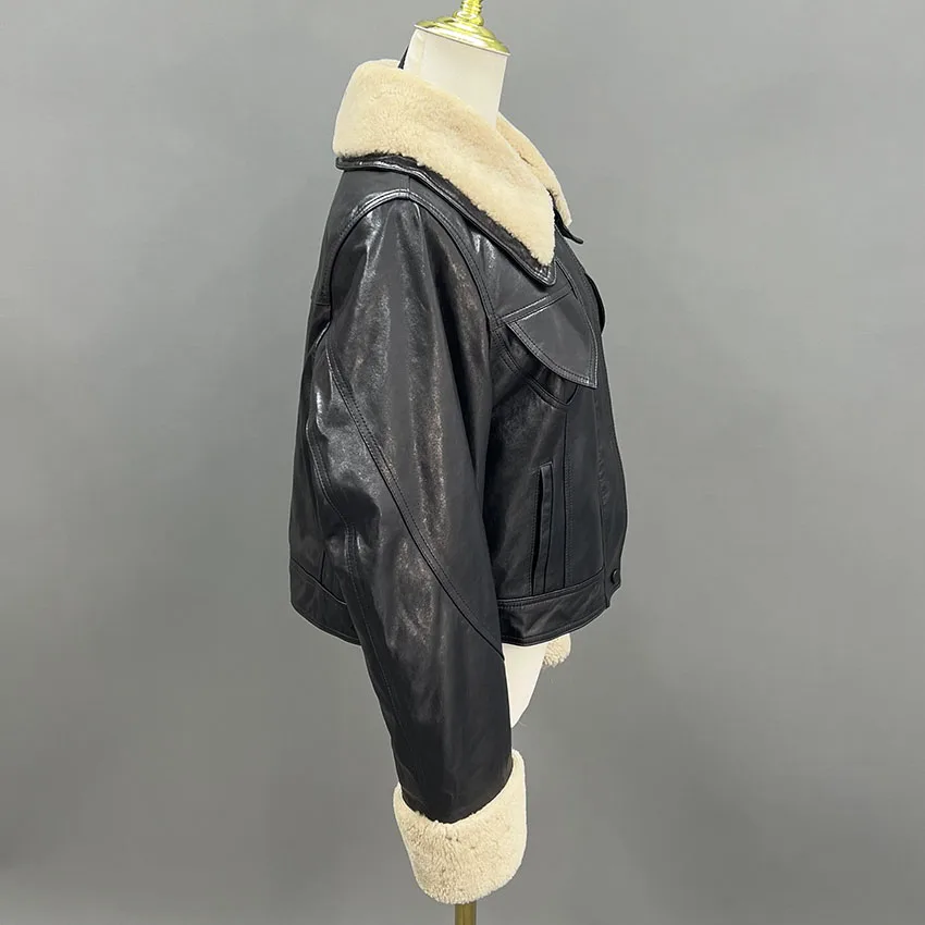 JANEFUR レディース 本革ジャケット ショートダウンジャケット ラムズウール襟付き 暖かい冬コート JFB8-25002