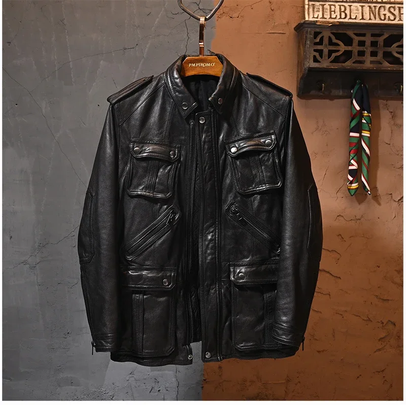 LNY!Wholesales.High quality.black classic M65 tanned goatskin jacket.men cool genuine leather coat.1mm thick leather clothes