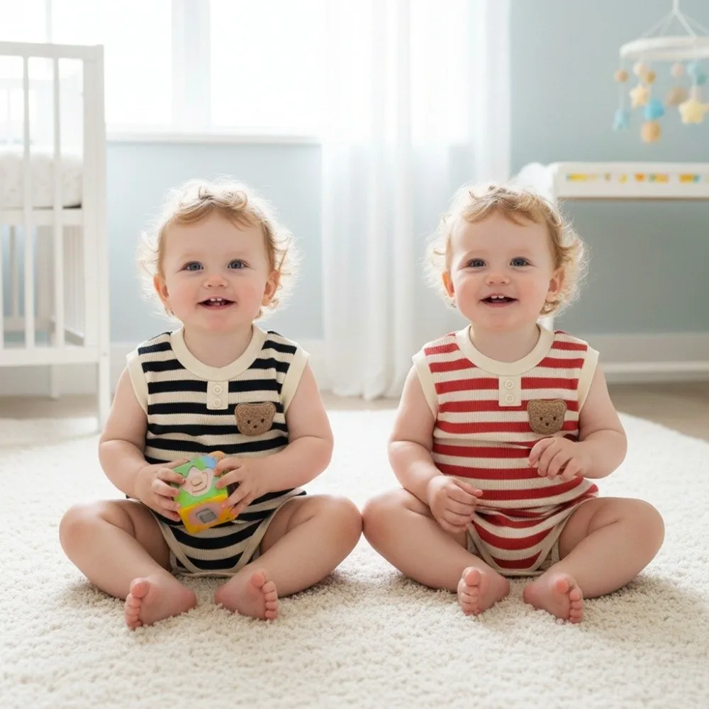 Striped Pattern Summer Baby Bodysuit Cotton Material Thin Fabric Sleeveless Bodysuit Ventilate Design Solid Color Baby Coverall