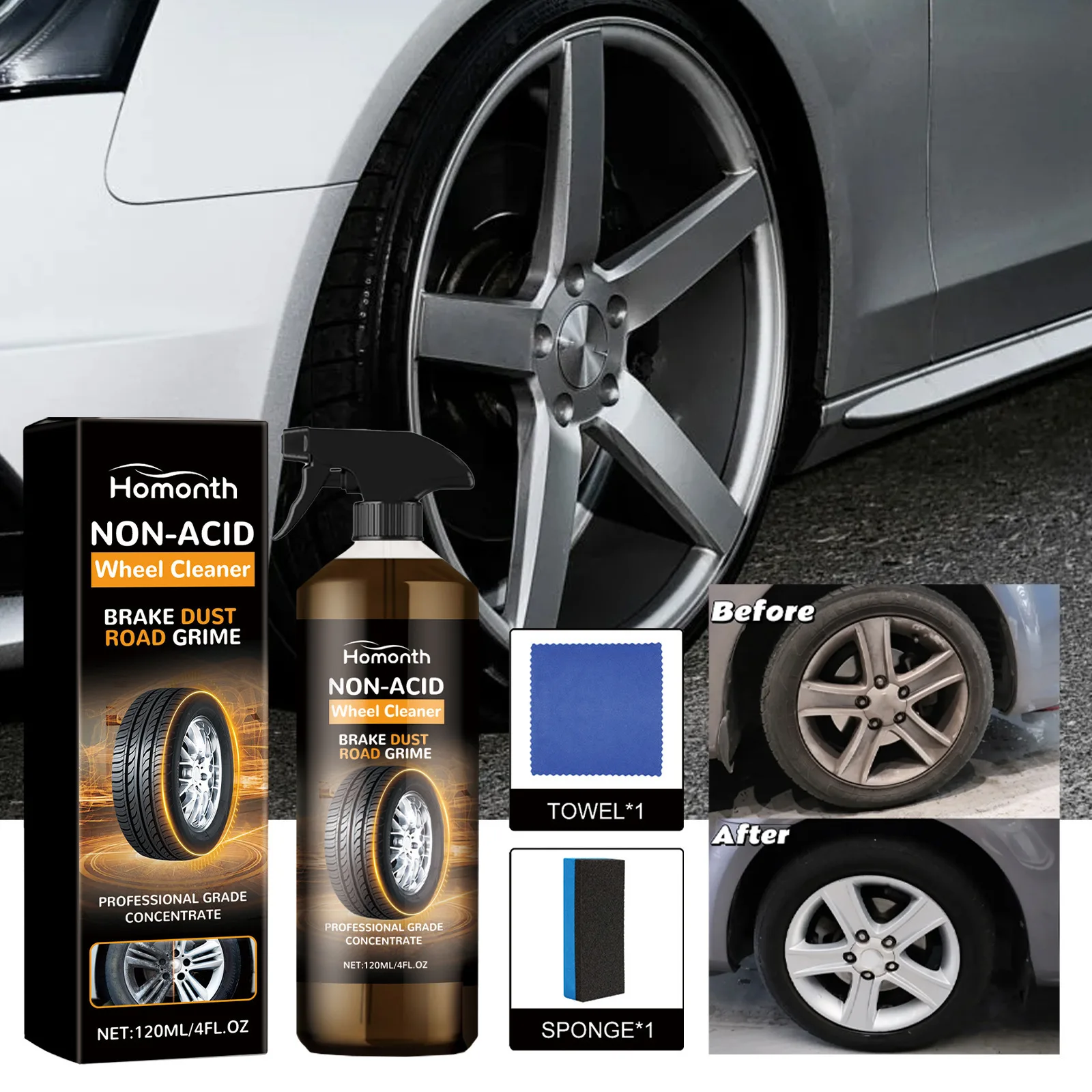 Car Wheel Cleaner Kit Iron Remover Spray Wheel Rim Brush Set Remove Brake Dust Rust Stain Alloy Wheel Tire Detailing Clean Tools