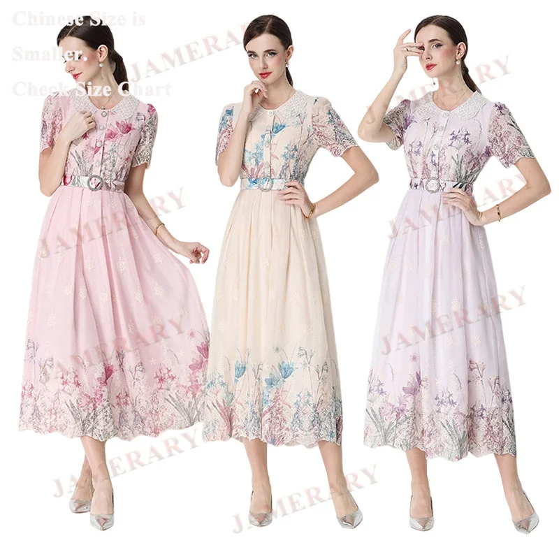 

Легкие роскошные вечерние длинные платья для женщин, летние платья с коротким рукавом и вышивкой, с воротником «Питер Пэн», милые элегантные платья миди.