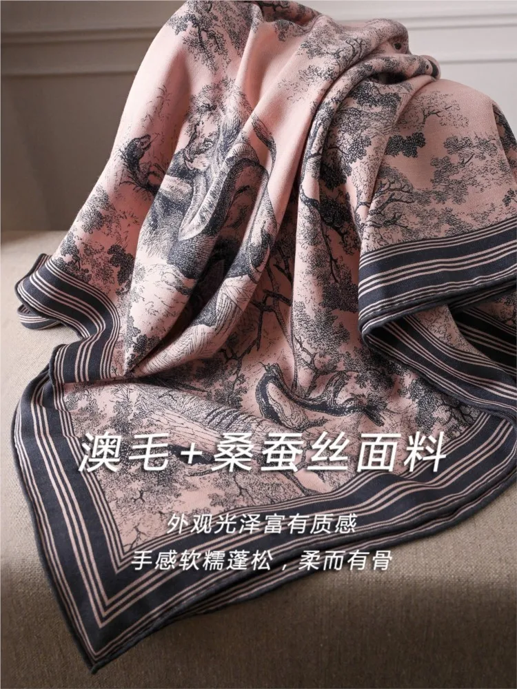 Pink jungle silk and wool scarf shawl for both use A large square can be worn outside the air-conditioned room