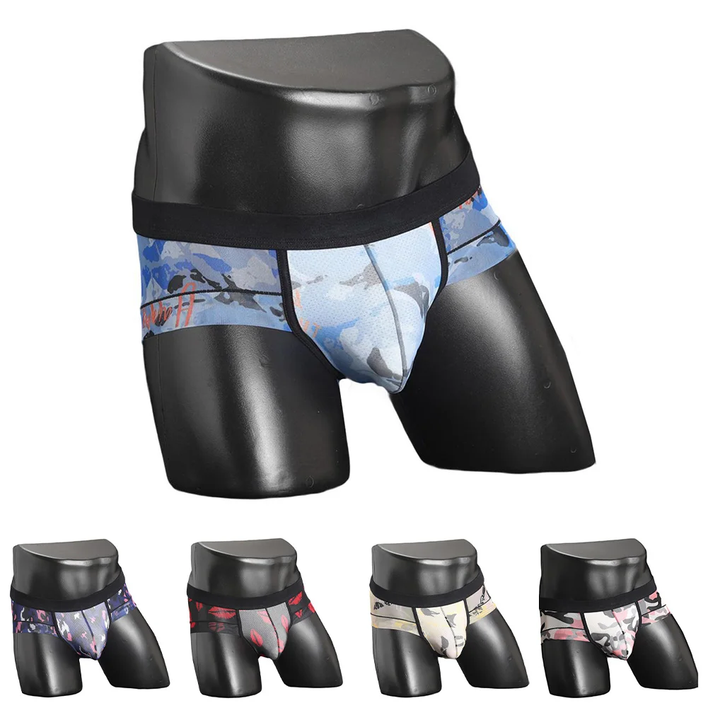 

Men Print Soft Low Waist Briefs Breathable Pouch Panties Underwear Male Transparent Underpants Fashion