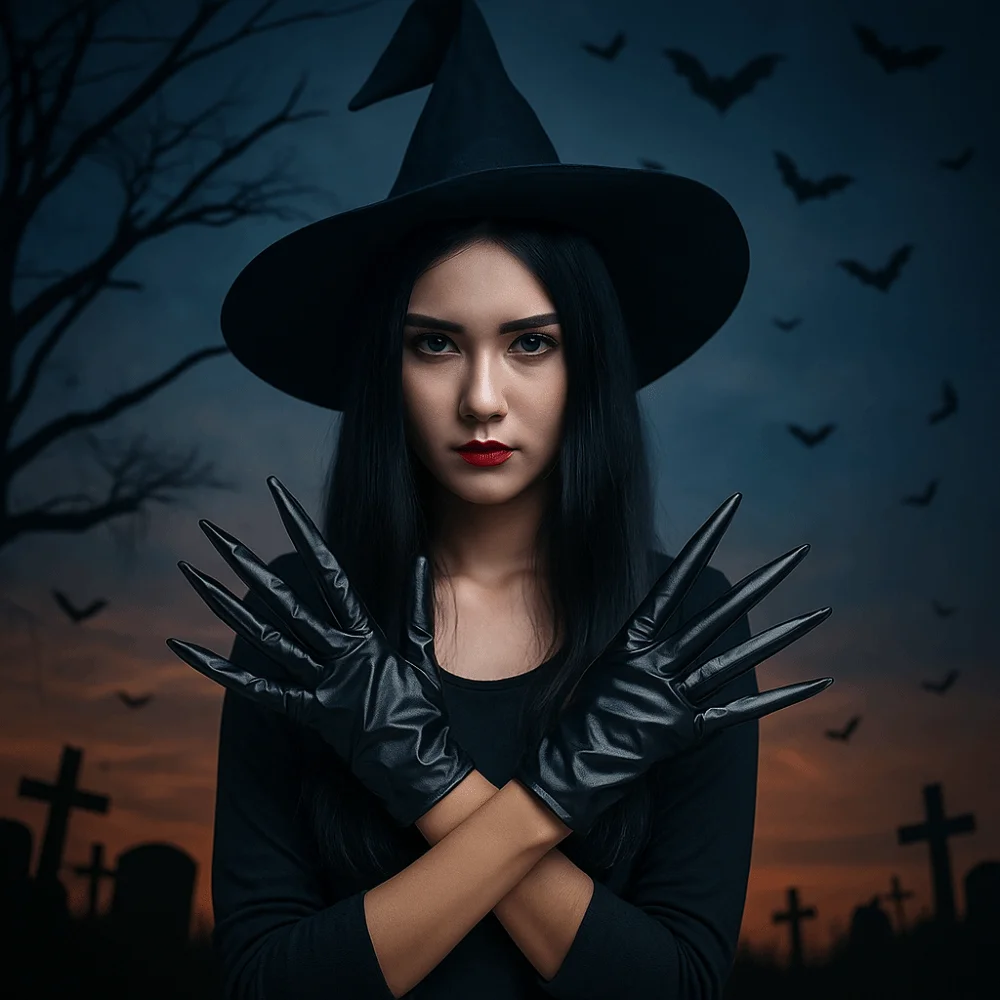 Guanti di Halloween con dita sottili gotiche Guanti corti con artiglio fantasma nero Performance Prop Guanti per costumi cosplay in pelle PU Festa