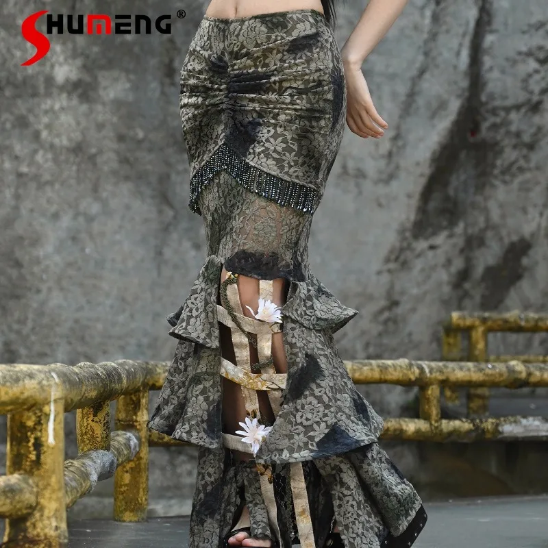 

2024 Autumn New Unique Design Long High Waisted Skirts Chinese Style Tie-Dyed Lace Slim Fishtail Bird Cage Skirt Women's Clothes