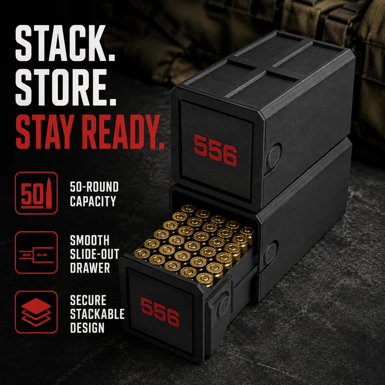 5.56 Ammunition Storage Box Bullet Box Organizer, 50-round ammo capacity, drawer design, durable stackable tactical ammo case