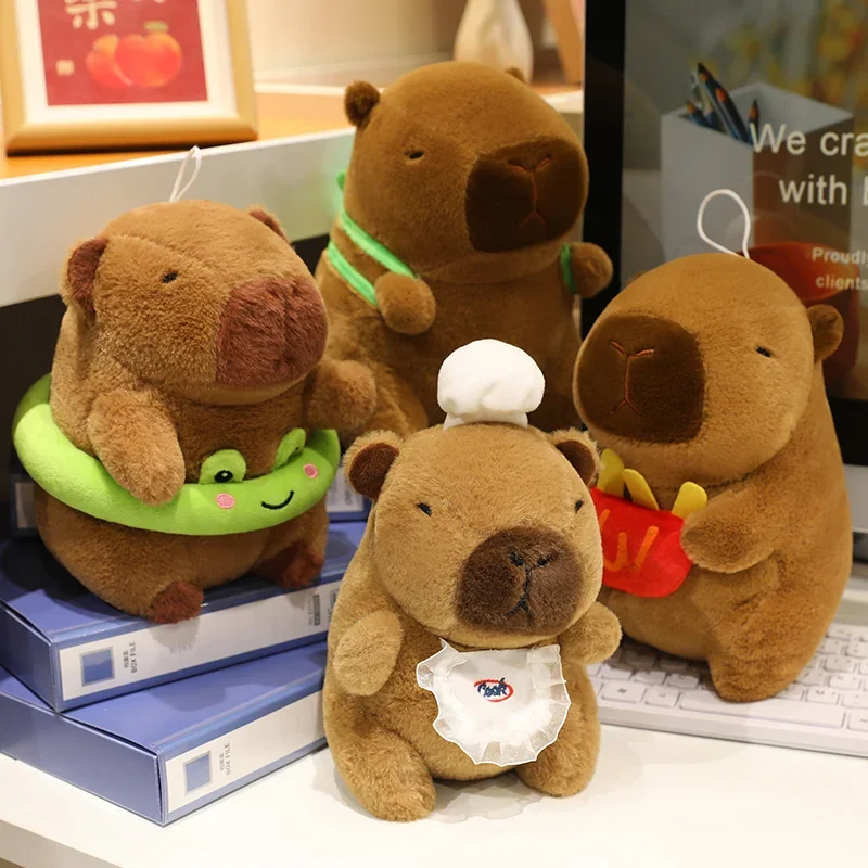 25 cm Mooie Capibara Met Basketbal Frieten Knuffels Cartoon Knuffeldier Capibara Kikker Zwemmen Ring Schildpad Rugzak