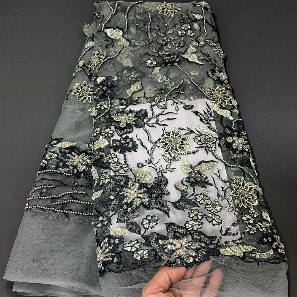 

African & Japanese Lace Fabric Per Meter,5Yard Pink Mesh Tulle Fabrics With Sequin & Beaded, Suitable For Wedding Dresses Design