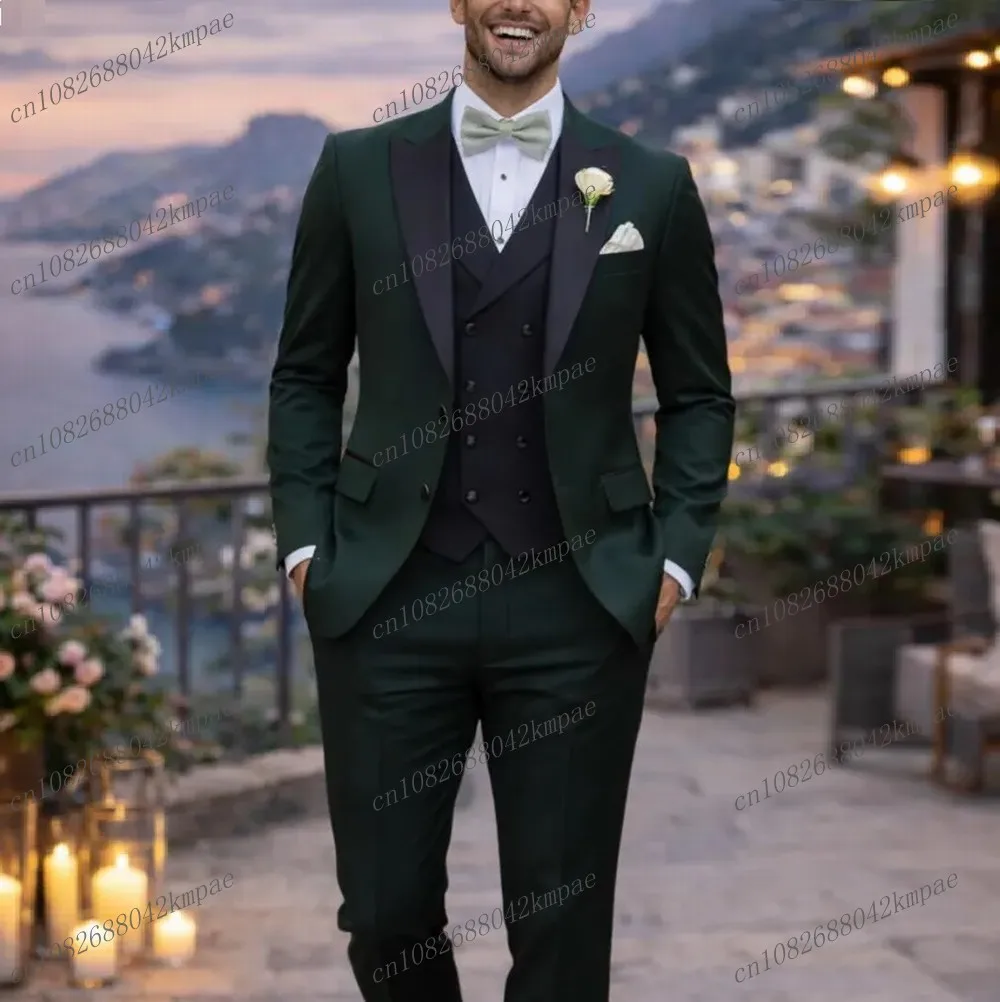 

Темно-зеленый и черный мужской костюм для торжественных мероприятий, свадеб, выпускных, деловых встреч, 3 предмета: пиджак, жилет, брюки