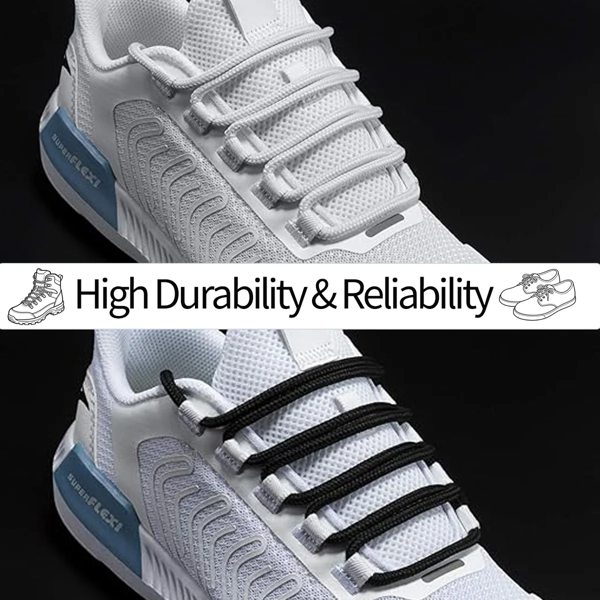 Einfarbige, schwarze, runde Schnürsenkel für Sneaker, Stiefel und Sportschuhe, Schuhbänder – Detail 4