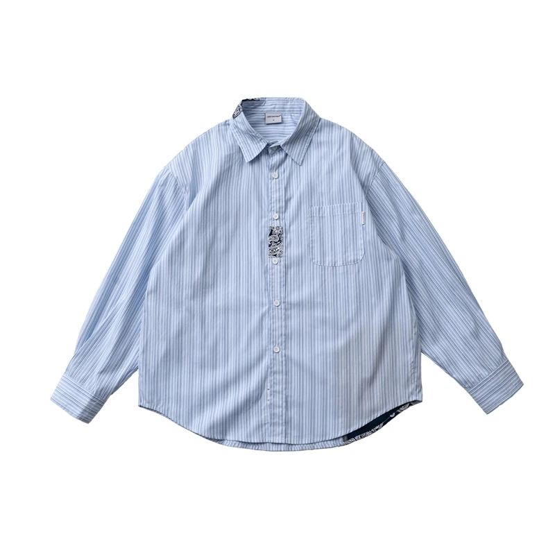 

Loose Casual Men's Striped irt Waist Nut Flower Splicing Sle Autumn Season Long Sve Regular Thin Other Collar