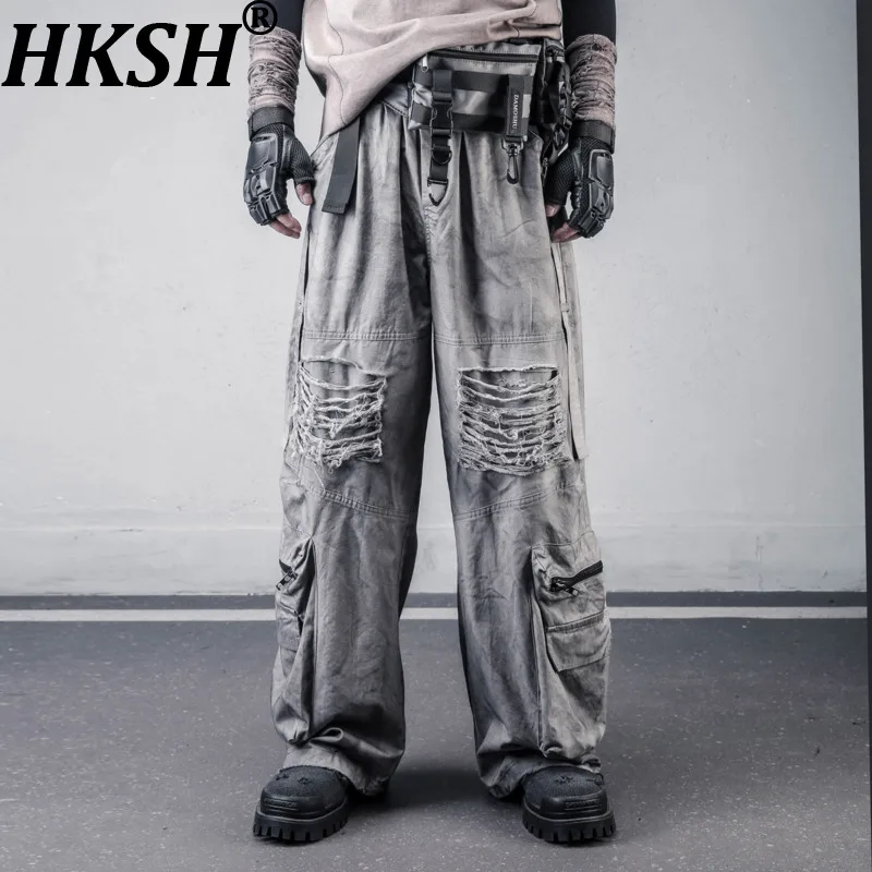 

Мужские джинсы HKSH Unique Waste Land Style Techwear Cargo-Pants, новые весенние широкие джинсовые брюки с лентами и карманами, шикарный дизайн, HK21586