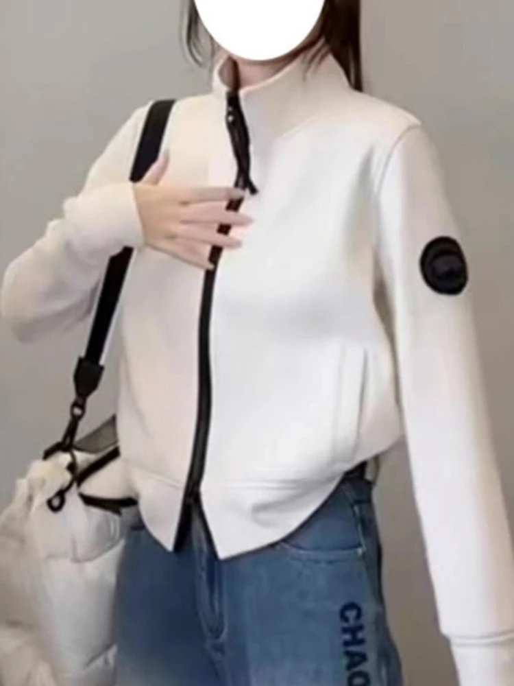 

Женский вязаный кардиган Ele с контрастным принтом, воротником-стойкой и молнией, повседневный, свободного кроя, с длинными рукавами