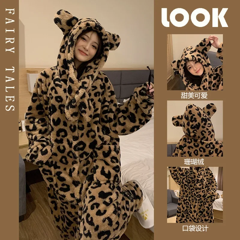 

2024 New Women's Winter Thickened Leopard Print Hooded Nightgown Trousers Two-piece Set Loungewear Can Be Worn Outside