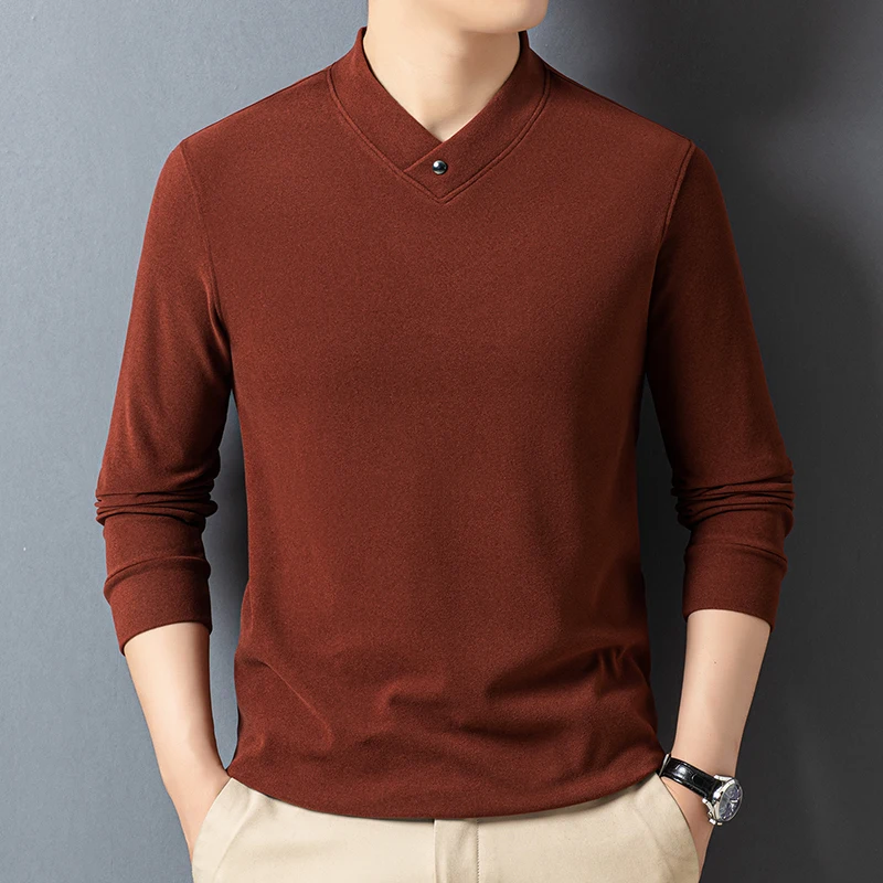 

2025 New Men's V-neck Velvet Bottom Shirt Autumn/Winter Collection Solid Color Simple Hoodie with Inner Warm Top